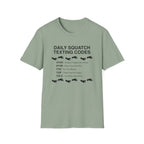 Daily Squatch Texting Codes T-Shirt — Funny Sasquatch Footprint Tee for Bigfoot Fans