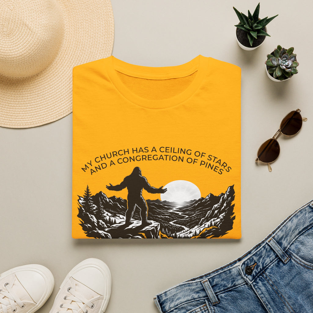 Bigfoot Outdoors Church T-Shirt — "My Church Has a Ceiling of Stars" Scenic Mountain Tee