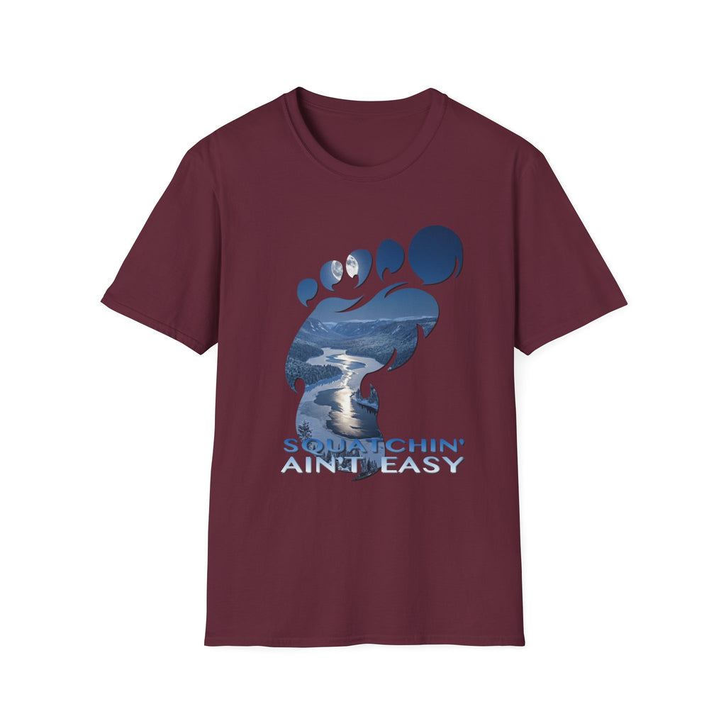 Bigfoot 'Squatchin' Ain't Easy' T-Shirt — Moonlit Winter Lake Sasquatch Tee