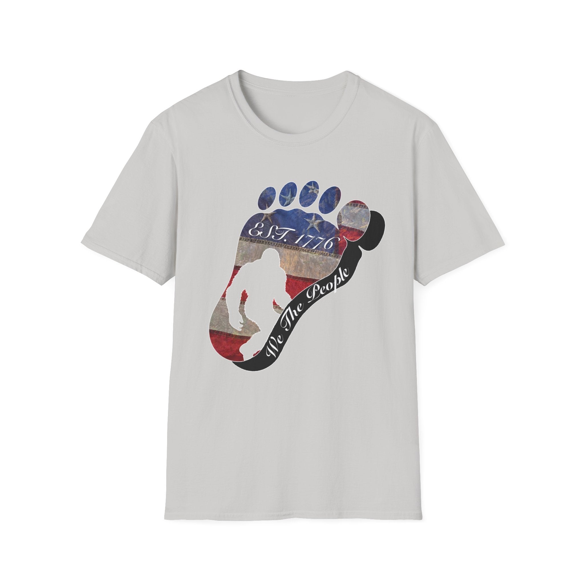 Going Norther Bigfoot T-Shirt — Footprint Silhouette with Distressed Flag "EST. 1776 - We The People"