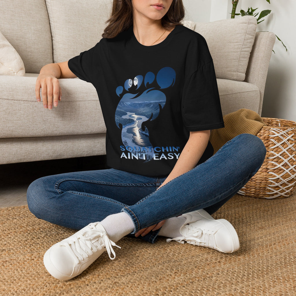 Bigfoot 'Squatchin' Ain't Easy' T-Shirt — Moonlit Winter Lake Sasquatch Tee