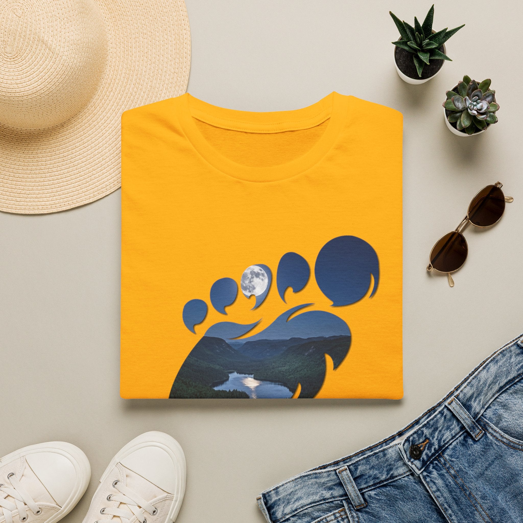 Bigfoot Footprint 'Believe!' Tee — Moonlit Northern Lake Graphic T-Shirt