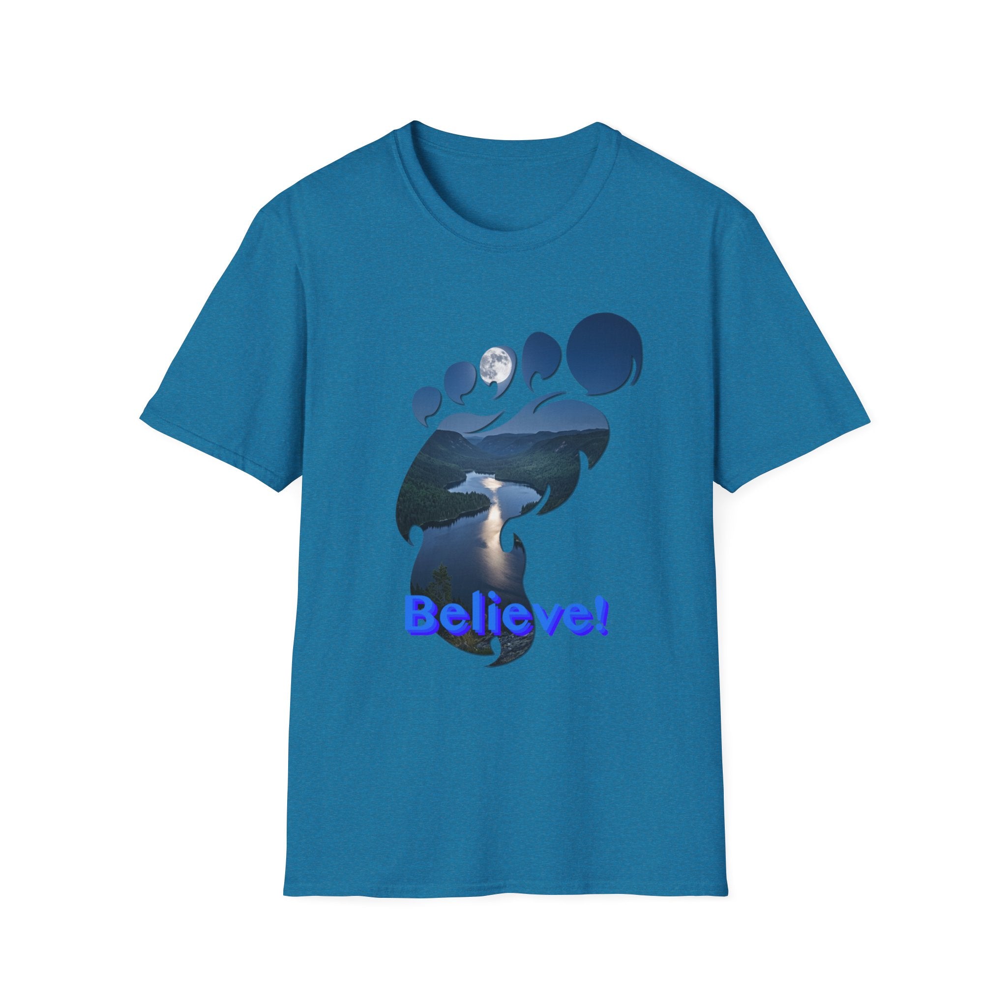 Bigfoot Footprint 'Believe!' Tee — Moonlit Northern Lake Graphic T-Shirt