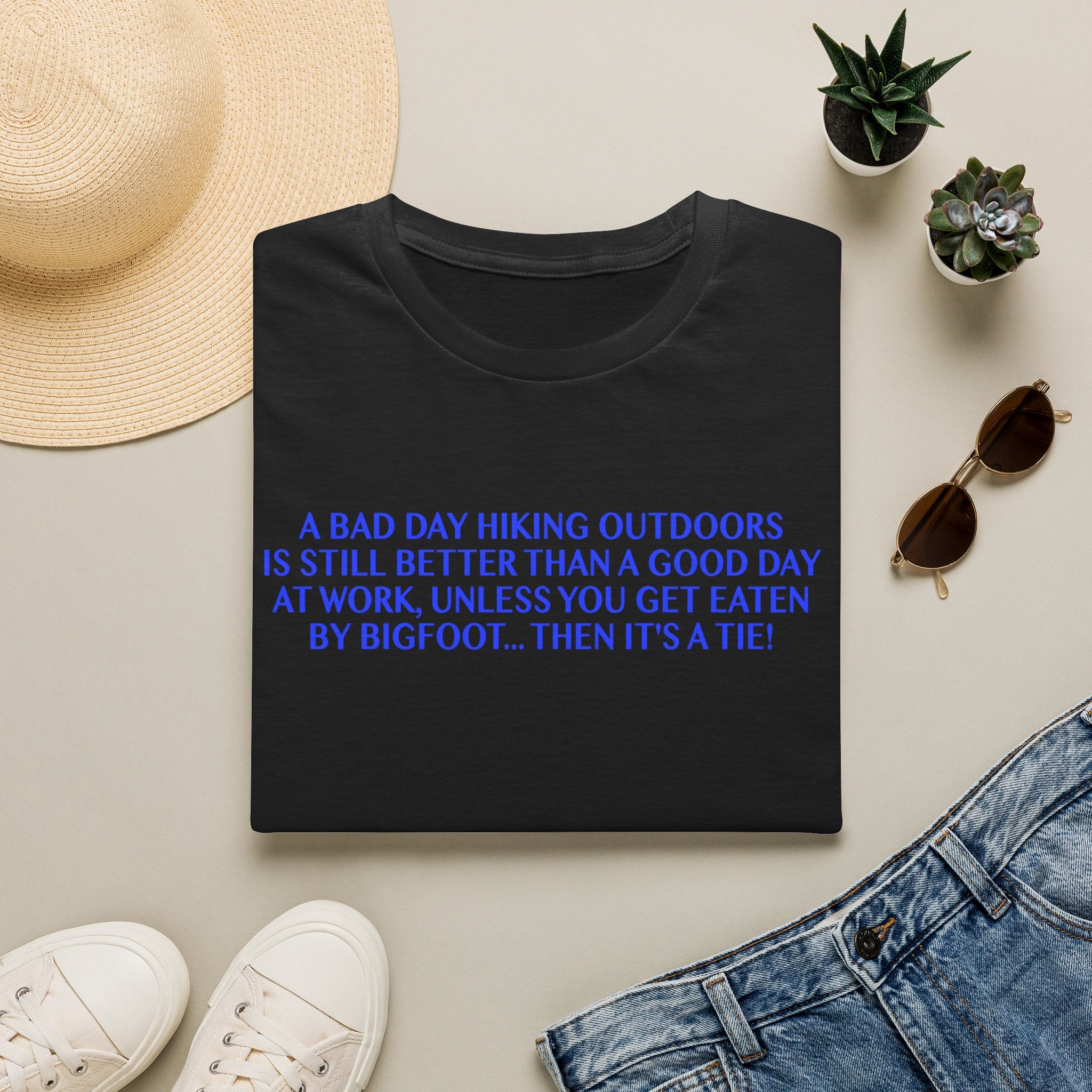 Funny Hiking T-Shirt - A Bad Day Outdoors vs. Bigfoot Tie