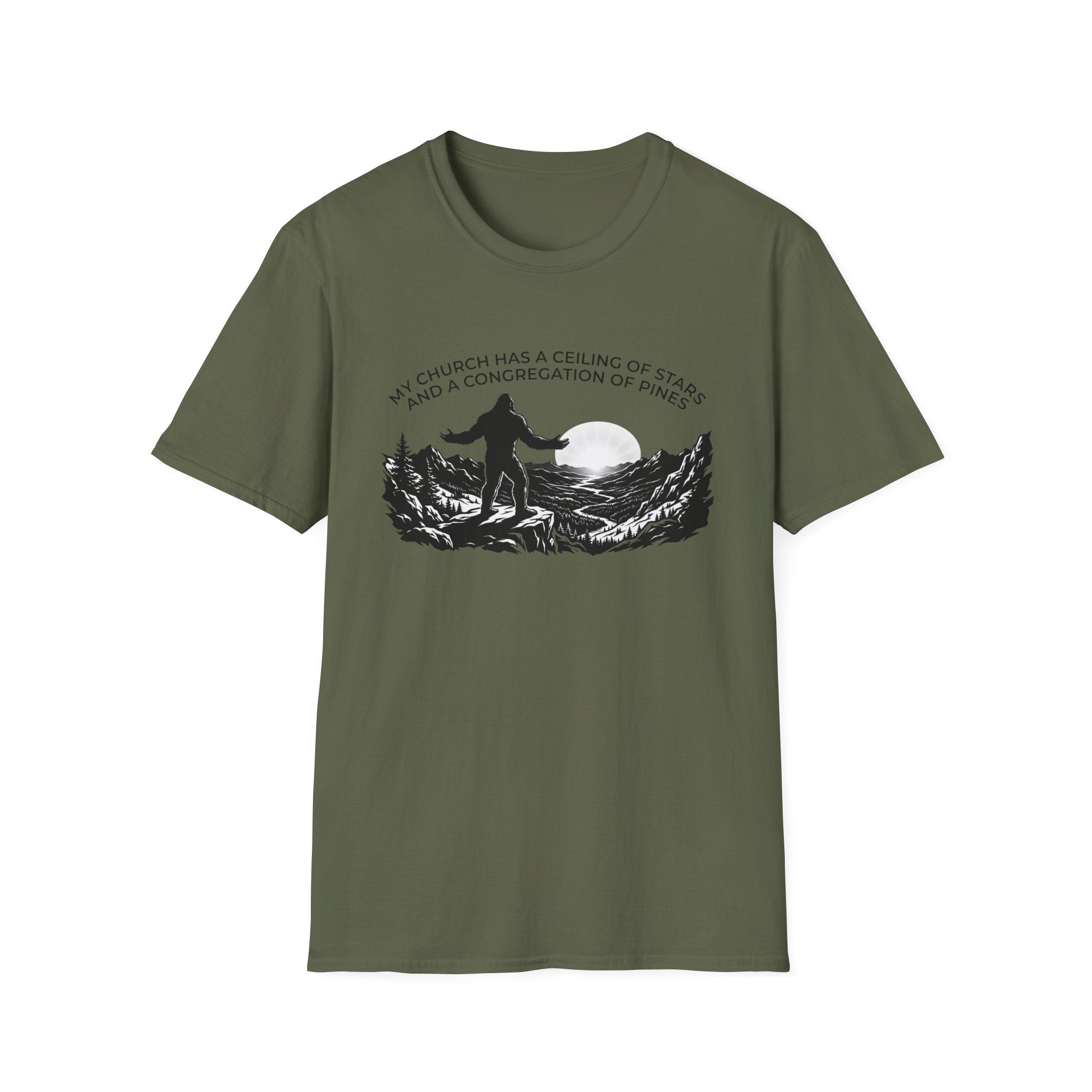 Bigfoot Outdoors Church T-Shirt — "My Church Has a Ceiling of Stars" Scenic Mountain Tee