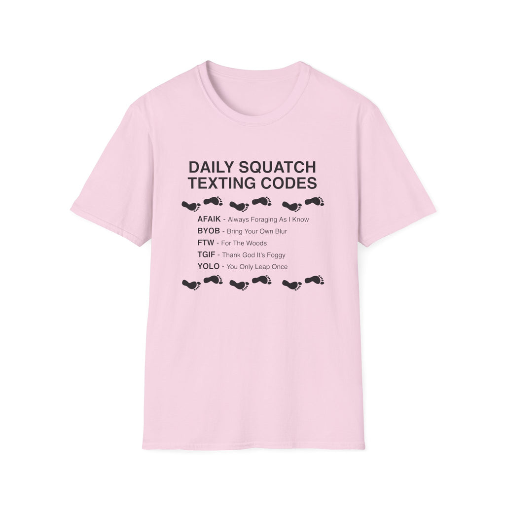 Daily Squatch Texting Codes T-Shirt — Funny Sasquatch Footprint Tee for Bigfoot Fans