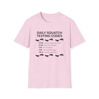 Daily Squatch Texting Codes T-Shirt — Funny Sasquatch Footprint Tee for Bigfoot Fans