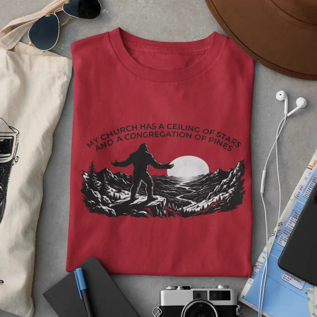 Bigfoot Outdoors Church T-Shirt — "My Church Has a Ceiling of Stars" Scenic Mountain Tee