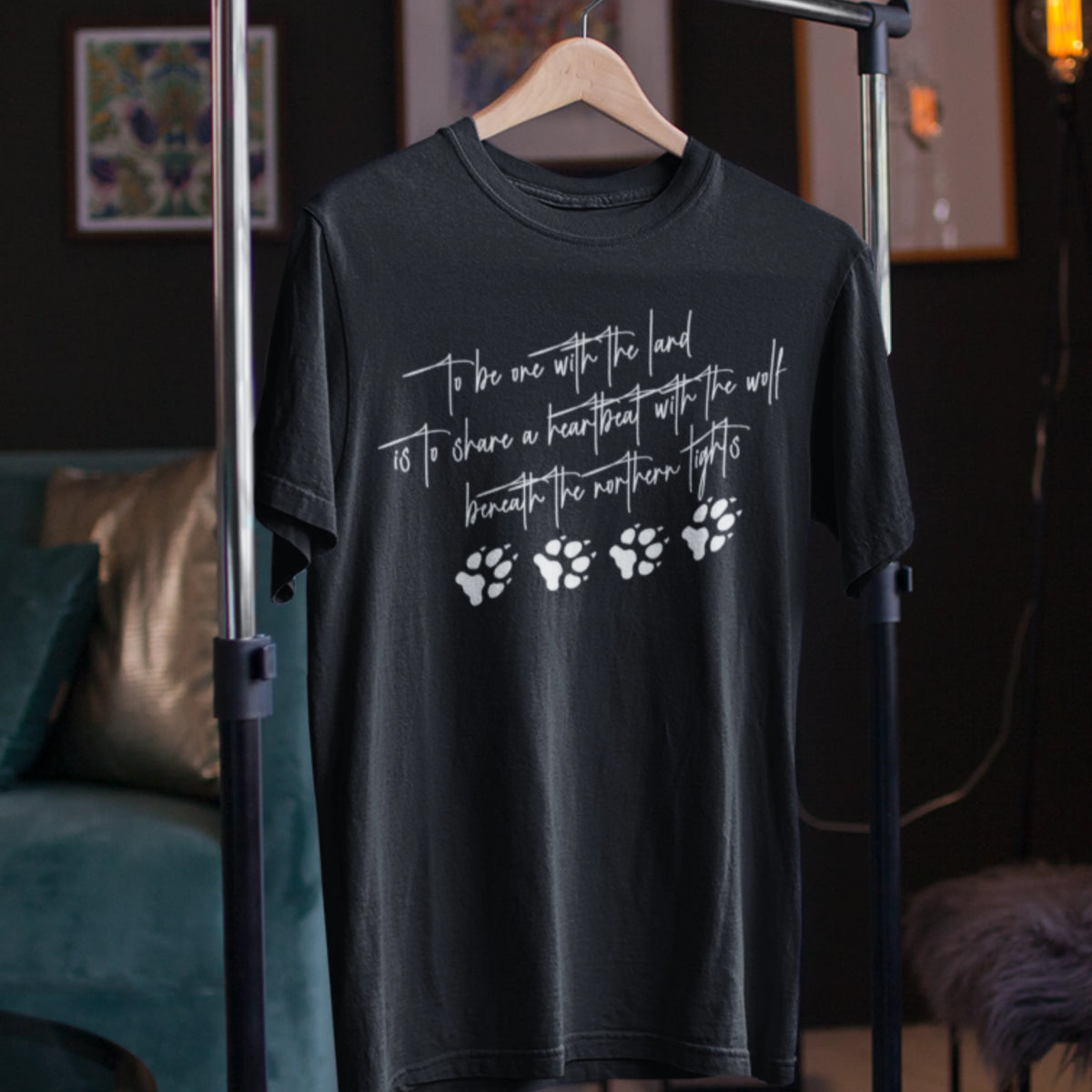 Wolf Paw Graphic T-Shirt — "To Be One with the Land" Script Tee